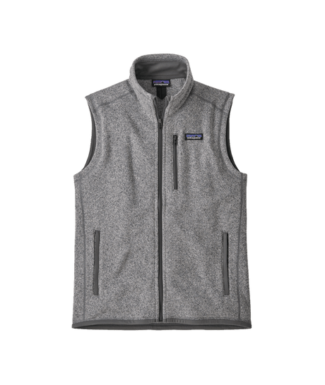 BetterSweaterVest-A grey Patagonia Better Sweater Vest with a full zipper and a stand-up collar, featuring zippered handwarmer pockets and a secure chest pocket.