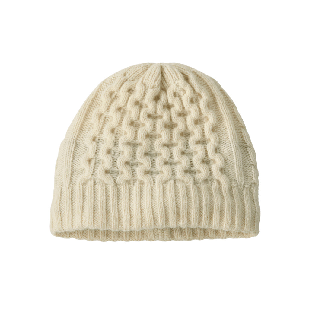 CoastalCableBeanie-A beige Patagonia Coastal Cable Beanie with a classic cable-knit pattern and ribbed cuff.