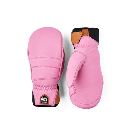 W Fall Line Mitten-Pink mittens with brown accents on a white background