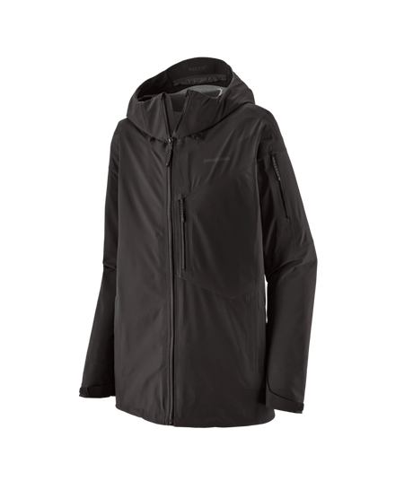 Snowdrifter Jacket- A black Patagonia Snowdrifter Jacket for men, featuring a hood, pit zips, and a powder skirt, designed for skiing and snowboarding.