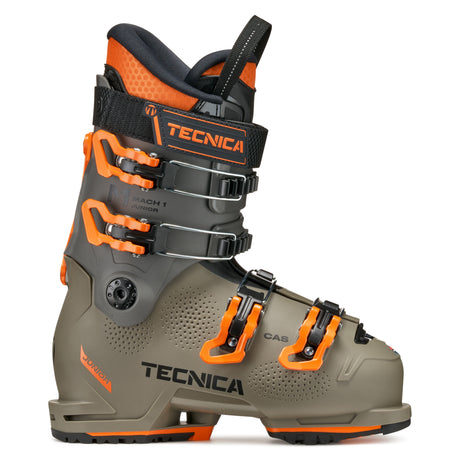MACH1JR-Tecnica Mach1 Junior ski boot in gray and orange color featuring adjustable buckles and the Tecnica logo on the side.