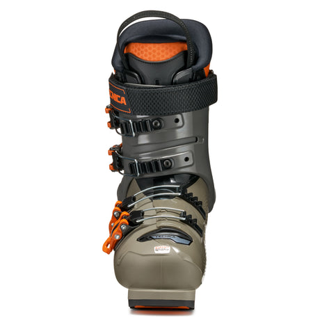 MACH1JR-Tecnica Mach1 Junior ski boot in gray and orange color featuring adjustable buckles and the Tecnica logo on the side.