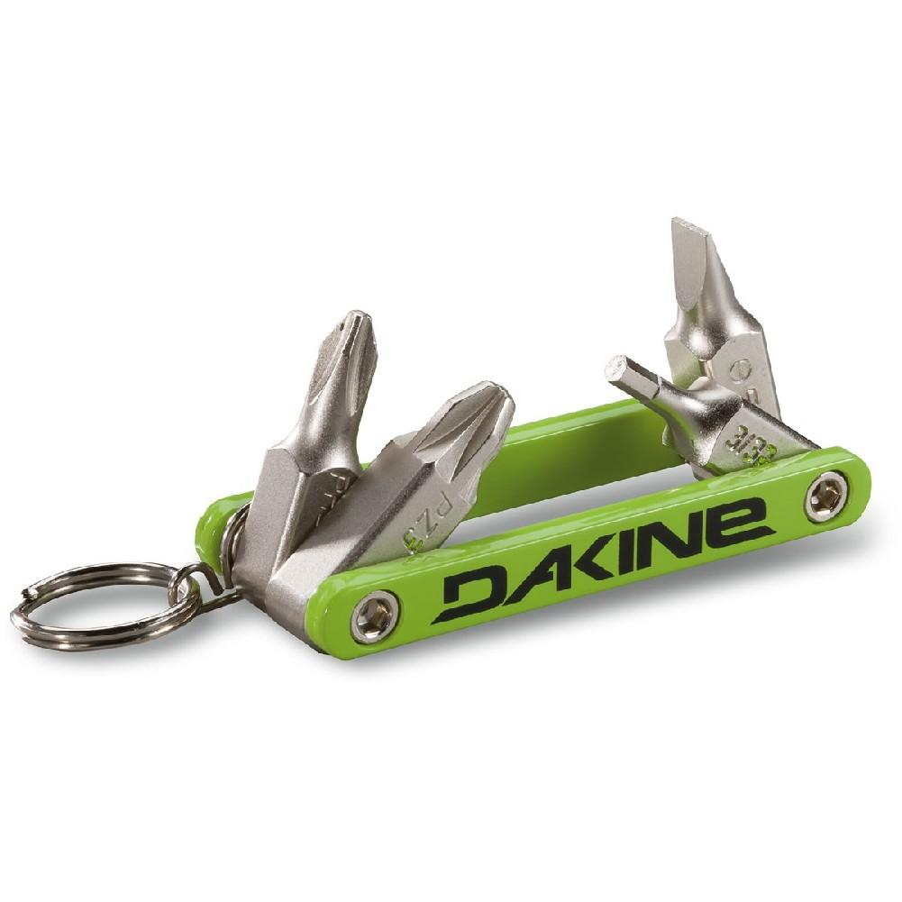 FidgetTool-Green multi-tool keychain with 'Dakine' branding on a white background