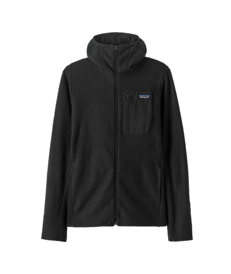 R1 Air Full-Zip-A black Patagonia R1 Air Full-Zip Hoody with a hood, zip pockets, and a fitted design, displayed against a white background.