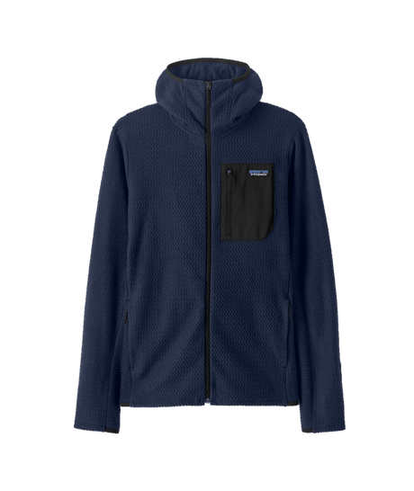 R1 Air Full-Zip-A black Patagonia R1 Air Full-Zip Hoody with a hood, zip pockets, and a fitted design, displayed against a white background.