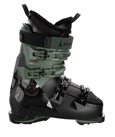 Hawx Prime 110-A single men's Atomic Hawx Prime 110 GW ski boot in black and green color with adjustable buckles and branding on the cuff.