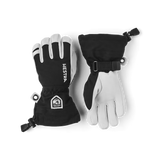 Army Leather Heli Ski Glove-Black and white gloves with Hestra logo on a transparent background