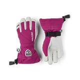 Army Leather Heli Ski Glove-Pair of pink and white gloves with visible branding on a transparent background