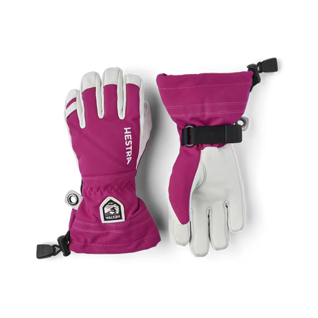 Army Leather Heli Ski Glove-Pair of pink and white gloves with visible branding on a transparent background