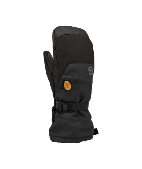 M Stomp Mitten- Black snow glove with a brand logo on a white background