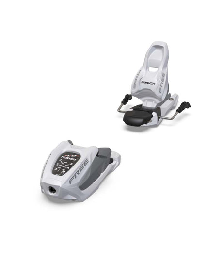 Free 7-Two white ski bindings with black accents on a white background
