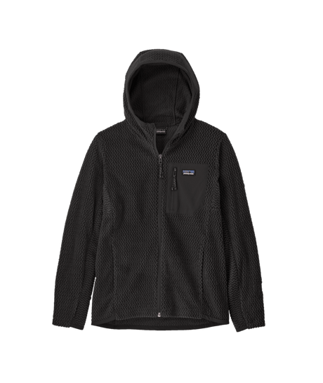 R1AirFullZip-A black Patagonia R1 Air Full-Zip Hoody for kids with a hood, displayed against a plain background.