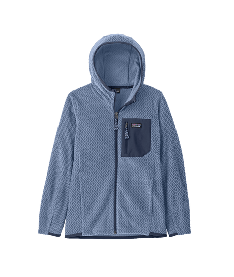R1AirFullZip-A black Patagonia R1 Air Full-Zip Hoody for kids with a hood, displayed against a plain background.