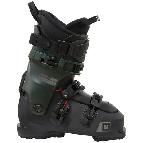 AR One 110 MV-A single adult ski boot with buckles, predominantly black in color, with green accents.
