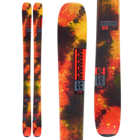 Reckoner92- Colorful skis with a brand logo on a white background