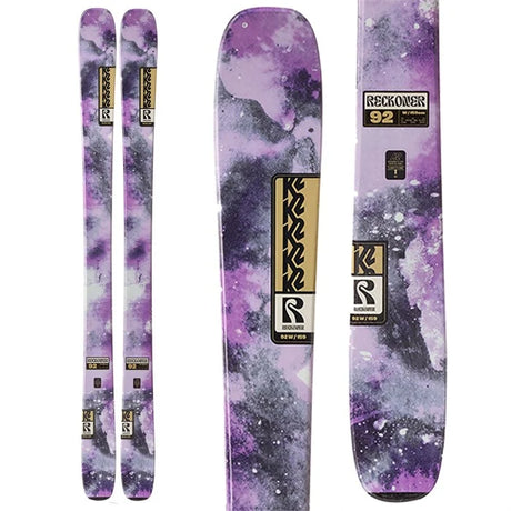 WReckoner92-Purple and gray skis with K2 branding on a white background