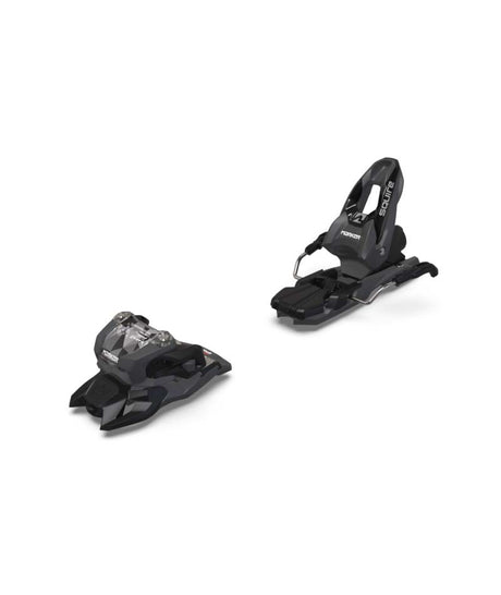 Squire10-Two black ski bindings on a white background