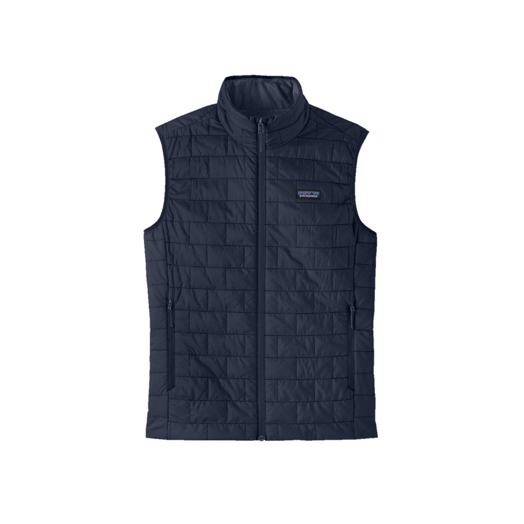 Nano Puff Vest-Navy blue quilted vest with a brand logo on a white background