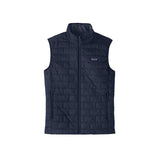 Nano Puff Vest-Navy blue quilted vest with a brand logo on a white background