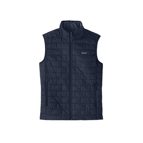 Nano Puff Vest-Navy blue quilted vest with a brand logo on a white background