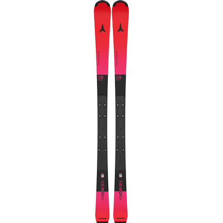 RedsterS9- A pair of red and black Atomic Redster S9 FIS J-RP3 kids skis with bindings attached, displayed against a white background.