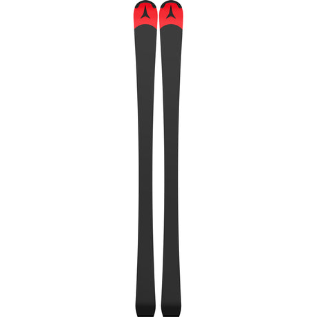 RedsterS9- A pair of red and black Atomic Redster S9 FIS J-RP3 kids skis with bindings attached, displayed against a white background.