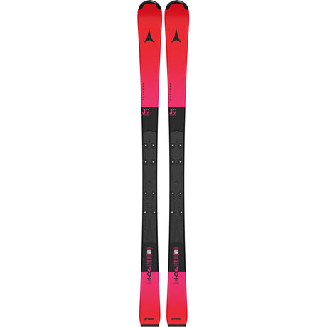 Jr.RedsterJ9RsJ-Rp- A pair of red Atomic Redster J9 Rs J-Rp junior skis with bindings, displayed against a white background.