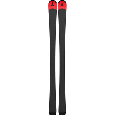 Jr.RedsterJ9RsJ-Rp- A pair of red Atomic Redster J9 Rs J-Rp junior skis with bindings, displayed against a white background.