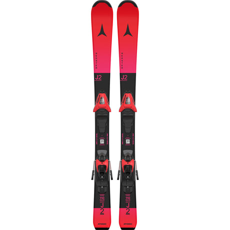 Redster J2- A pair of red Atomic Redster J2 kids skis with black bindings, designed for smooth progression and confident control on groomed terrain.