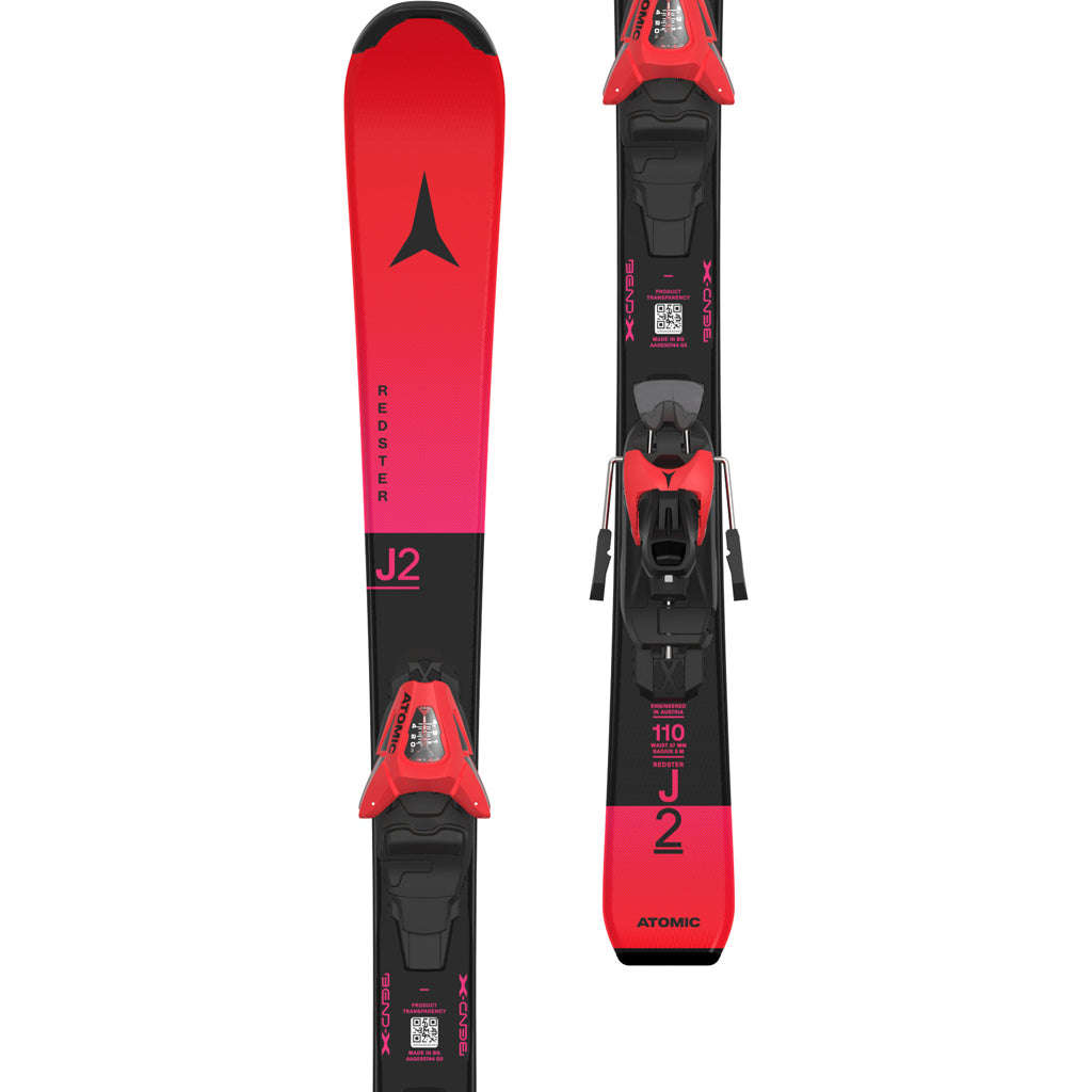 Redster J2- A pair of red Atomic Redster J2 kids skis with black bindings, designed for smooth progression and confident control on groomed terrain.