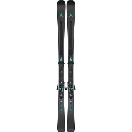 MRedsterX7-Pair of black and blue skis with blue bindings on a white background