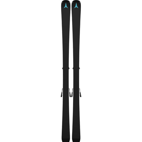 MRedsterX7-Pair of black and blue skis with blue bindings on a white background