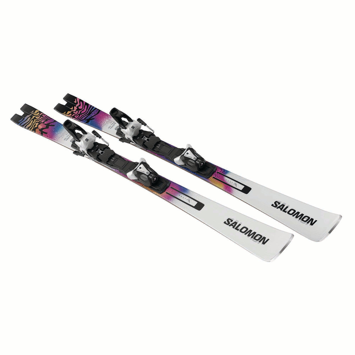 ADDIKTPRO66MI12GW-Pair of Salomon skis with colorful design on a white background