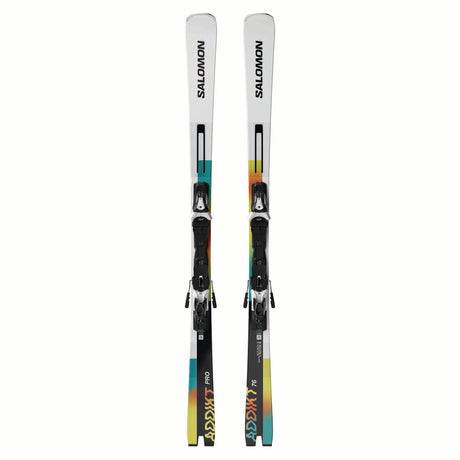 ADDIKTPRO76MI12GW-Pair of Salomon skis with colorful design on a white background