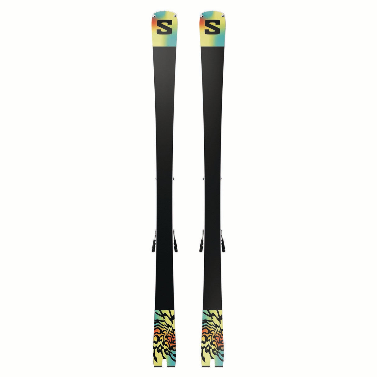 ADDIKTPRO76MI12GW-Pair of Salomon skis with colorful design on a white background