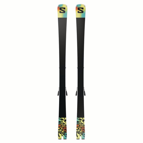 ADDIKTPRO76MI12GW-Pair of Salomon skis with colorful design on a white background