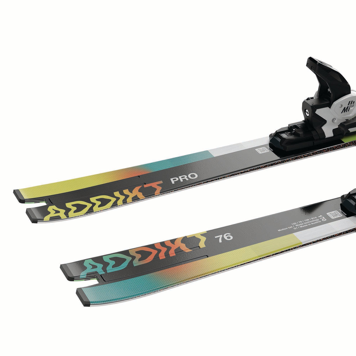 ADDIKTPRO76MI12GW-Pair of Salomon skis with colorful design on a white background