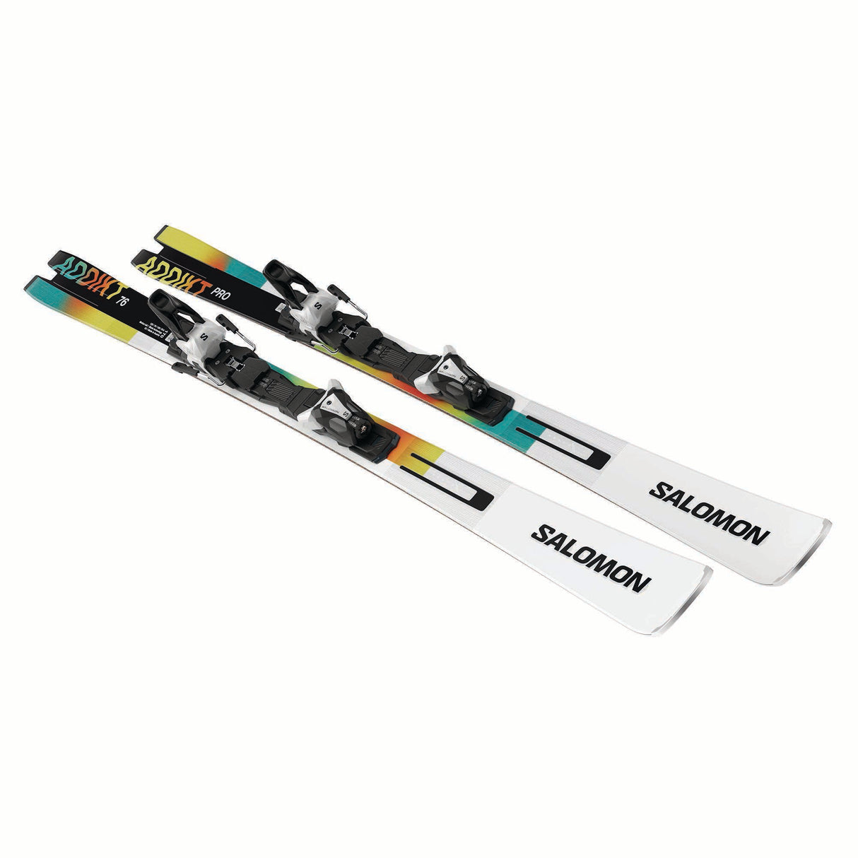 ADDIKTPRO76MI12GW-Pair of Salomon skis with colorful design on a white background