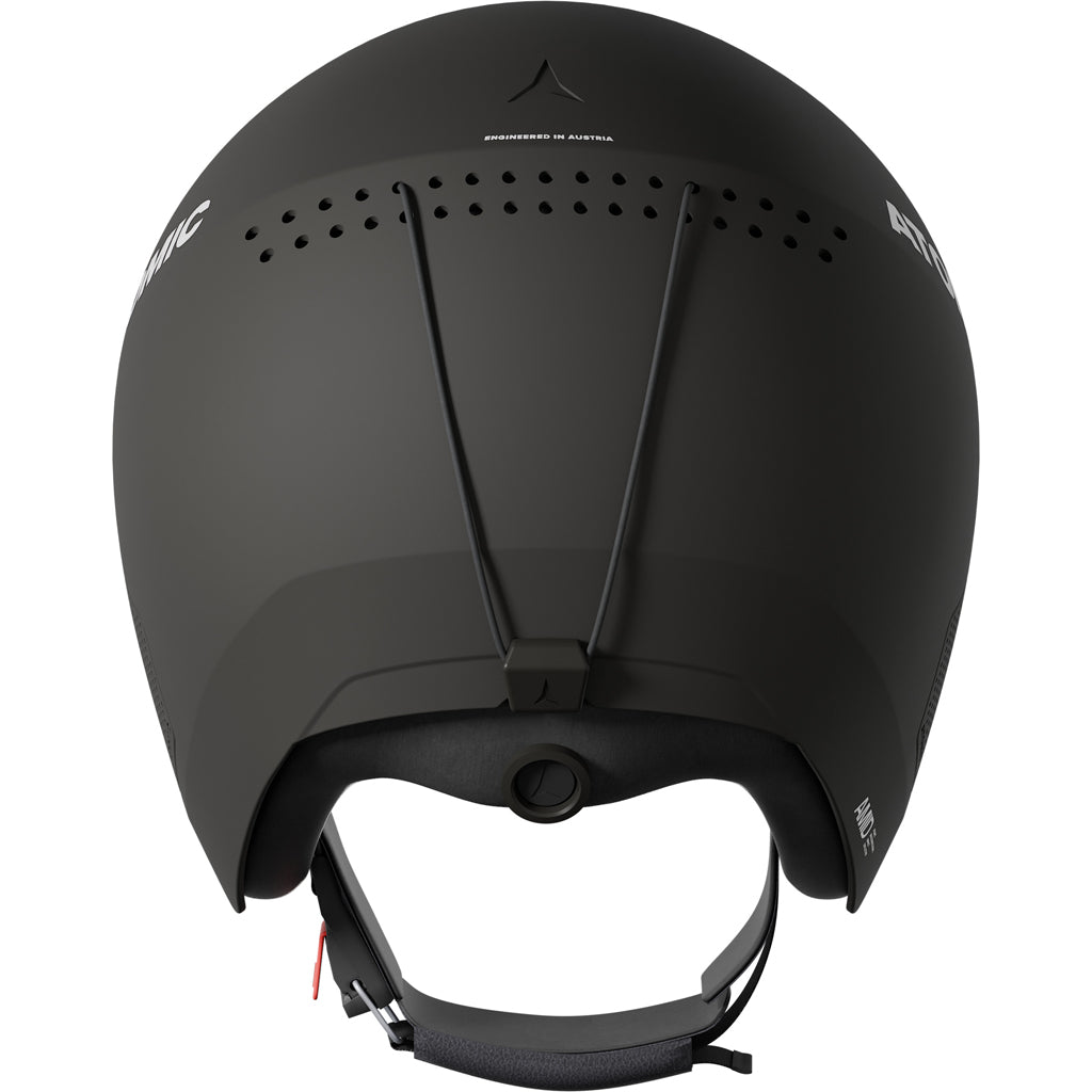 RedsterHelmet- Black Atomic Redster adult helmet with a visor, adjustable strap, and ventilation system.