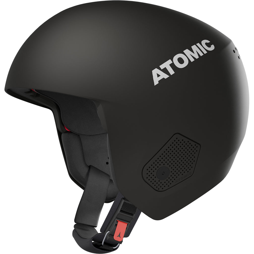 RedsterHelmet- Black Atomic Redster adult helmet with a visor, adjustable strap, and ventilation system.