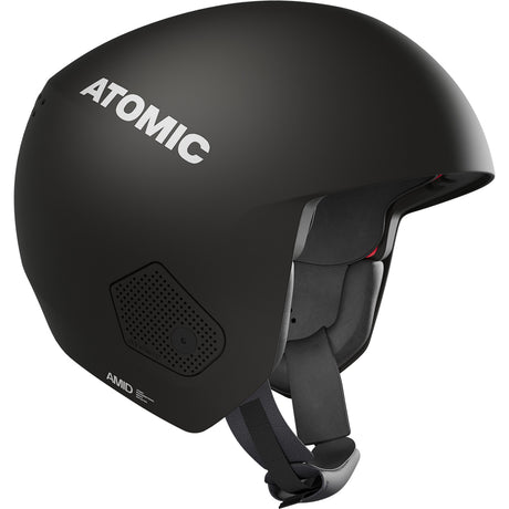 RedsterHelmet- Black Atomic Redster adult helmet with a visor, adjustable strap, and ventilation system.