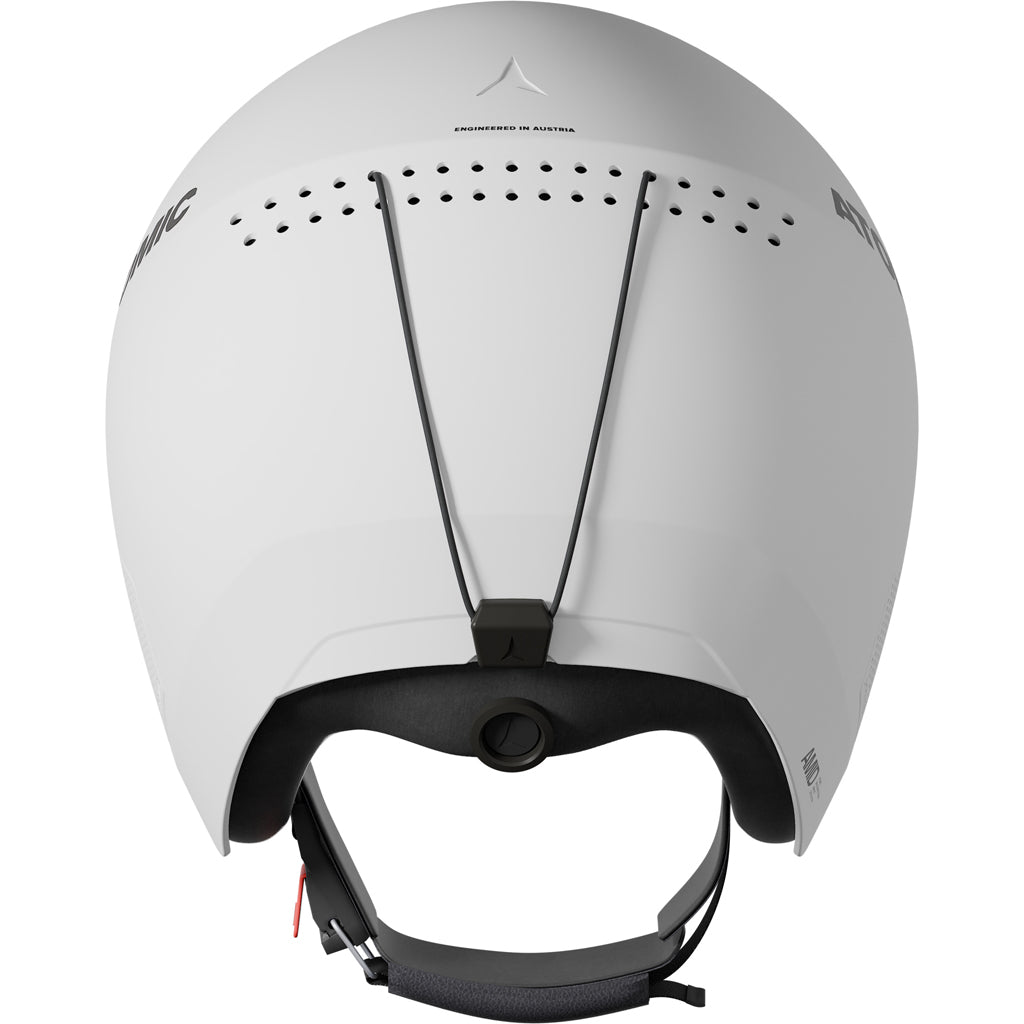 RedsterHelmet- White Atomic Redster adult helmet with a visor, adjustable strap, and ventilation system.