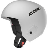 RedsterHelmet- White Atomic Redster adult helmet with a visor, adjustable strap, and ventilation system.