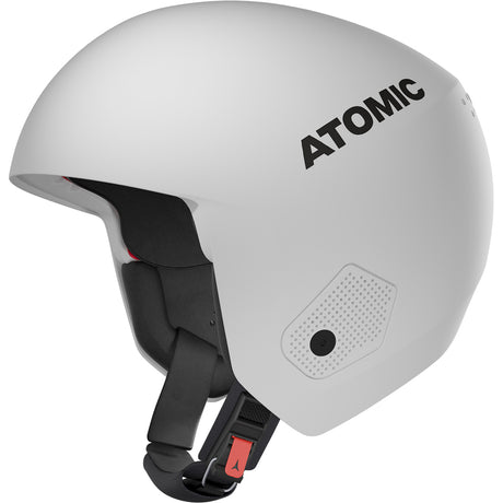 RedsterHelmet- White Atomic Redster adult helmet with a visor, adjustable strap, and ventilation system.