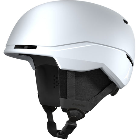 FourAmidLite- A white Atomic ski helmet with a red visor and gold accents on the strap.