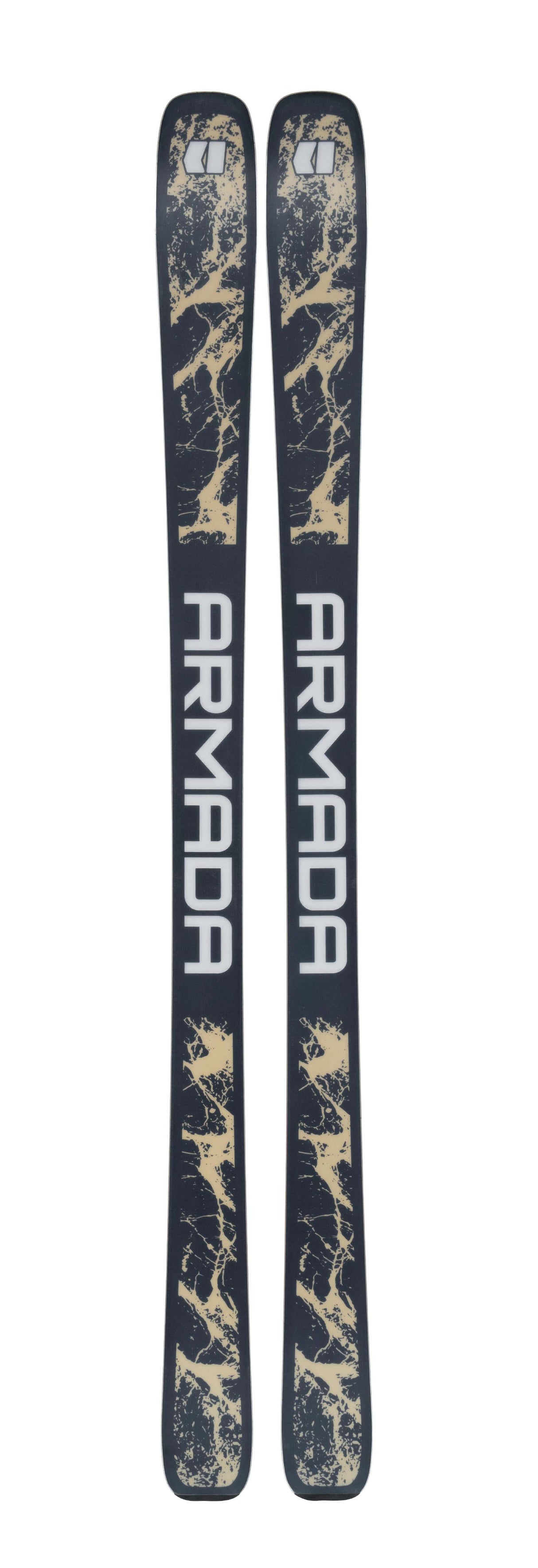 ANTIMATTER92- Pair of black and gold skis on a white background