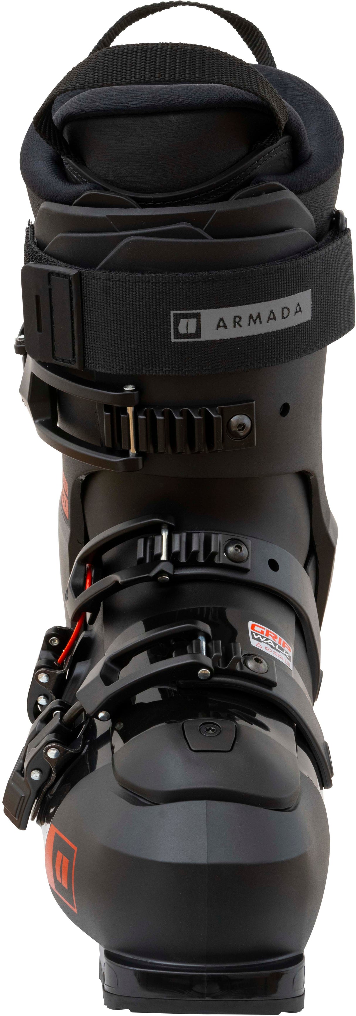 ARONE100- Black and red ski boot with visible brand logo on a white background