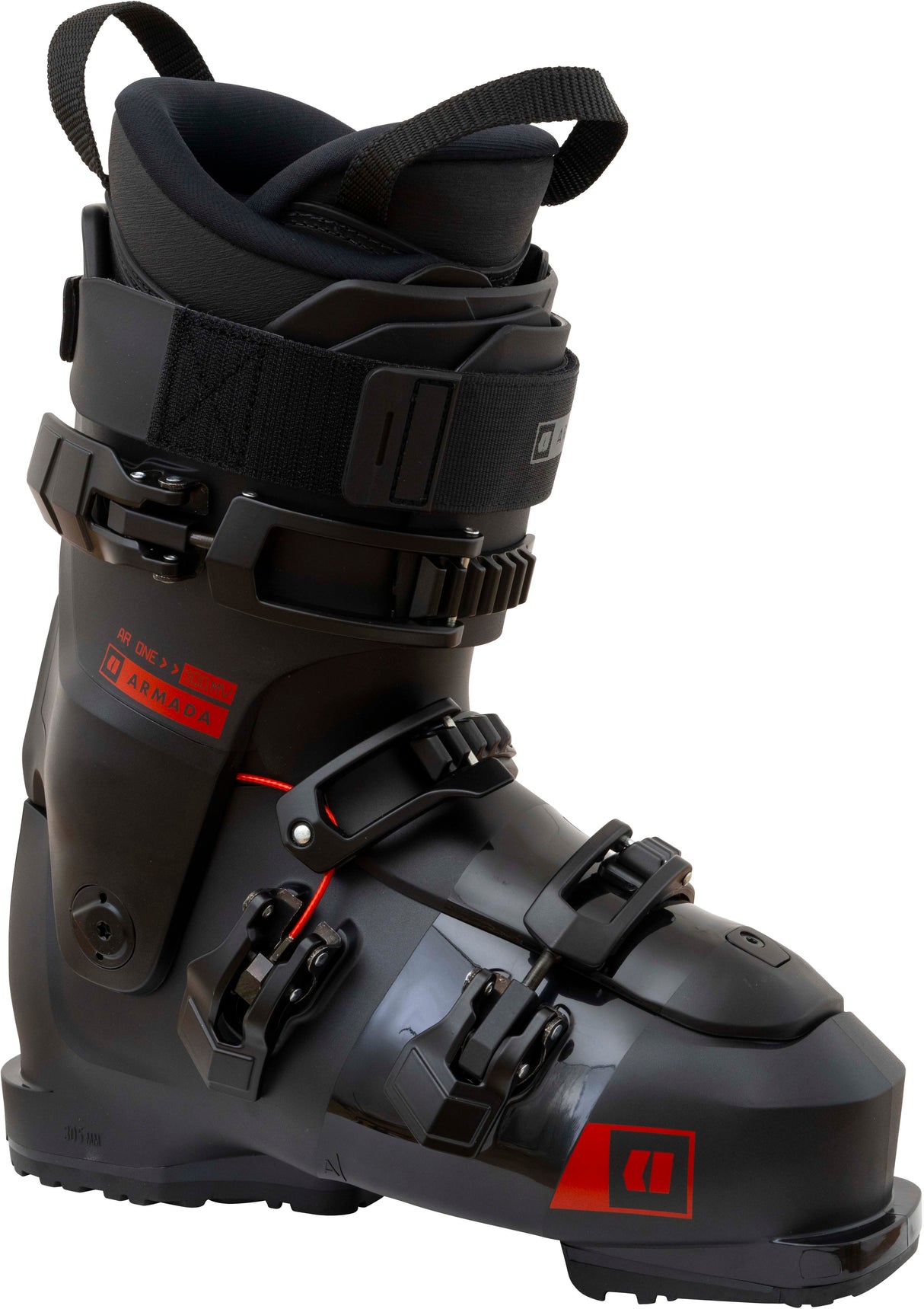 ARONE100- Black and red ski boot with visible brand logo on a white background