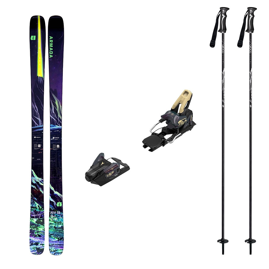 ARV88Madsteezw_Strive14-A ski bundle featuring a pair of black and purple Armada skis with neon yellow and green graphics, bent chetler butter ski bindings, and two black ski poles on a plain white background.