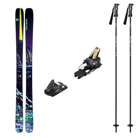 ARV88Madsteezw_Strive14-A ski bundle featuring a pair of black and purple Armada skis with neon yellow and green graphics, bent chetler butter ski bindings, and two black ski poles on a plain white background.
